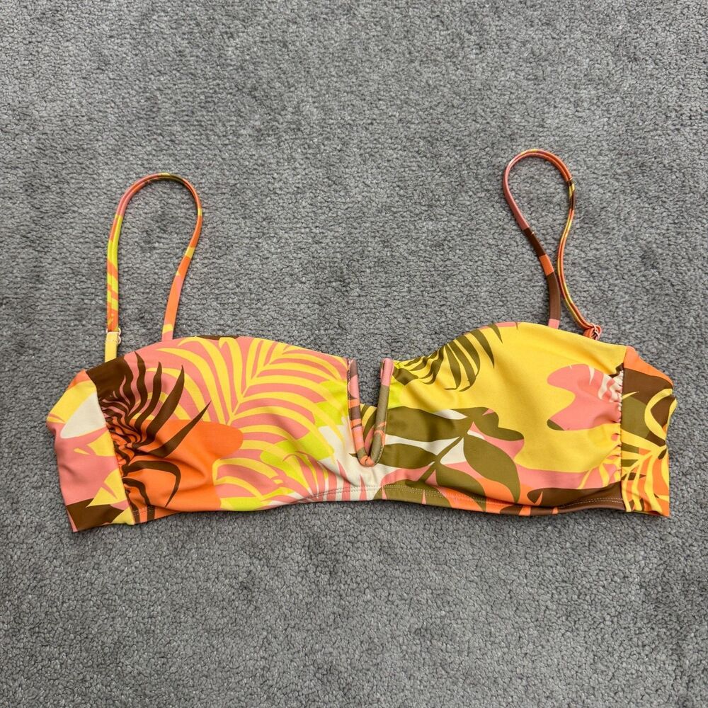 Sanctuary Tropical Palm V-Wire Bandeau Bikini Top Padded Women Large Yellow Pink